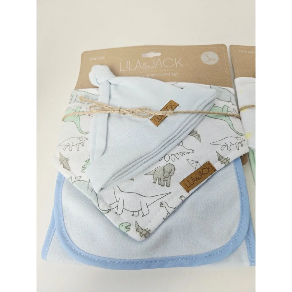 Lila & Jack Set 3 pack x 2 Hat/Bib/ Burp Cloth set NEW blue green rocket dino
